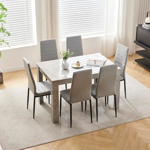 Image of Homullel 7 Piece Dining Room Table and Chairs Set of 6 for Dining Room Kitchen, Modern Wooden Dining Table with 6 Chairs for Family Dinner Set (With 6Pcs Grey Velvet Chairs, 120cm Grey Marble Table)