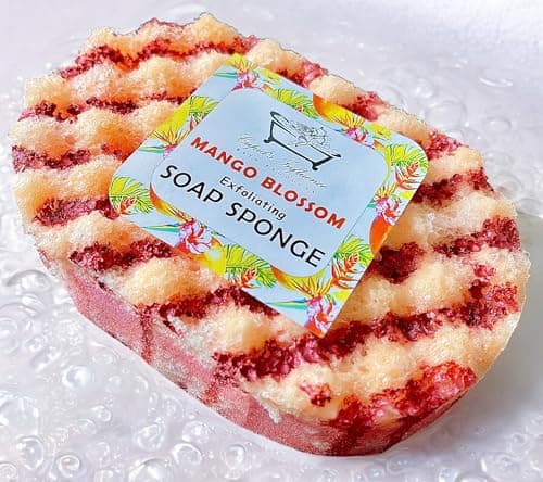 Image of Mango Blossom Exfoliating Soap Sponge | Exfoliating Body Wash | Soap Filled Sponge | Shower Puff | Tan Remover & Body Scrub | Mango Body Wash | Vegan Shower & Bath Products | Stocking Fillers