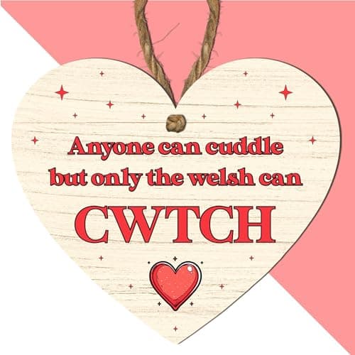 Image of Welsh Cwtch Plaque | Heart Shaped Hanging Wooden Sign | Red or Black Text | Only the Welsh Can Cwtch | Cute Welsh Saying Gift for Home or Loved One (Small: 10 cm (H) × 9 cm (W))