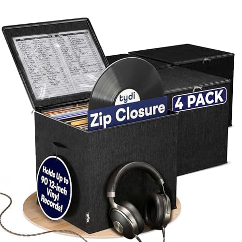 Image of Tydi Vinyl Record Storage Box with Zip Closure (4 Pack) – Holds Up to 90 12 Inch Vinyl Records – Collapsible Crate, LP Storage Boxes, Records Box – Home Storage Use Vinyl Storage Box
