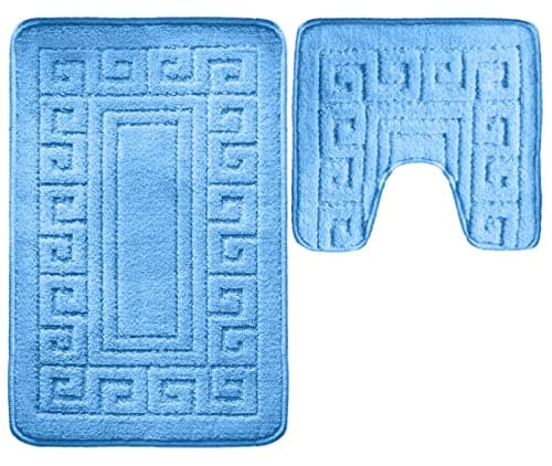 Image of VL Bath Mat Sets 2 Piece Washable 50x80cm – Soft Toilet Mat and Matching Pedestal Mat with Greek Key Pattern – Non-Slip, Quick-Dry, Machine Washable Bathroom Rug for Everyday Use (Blue)