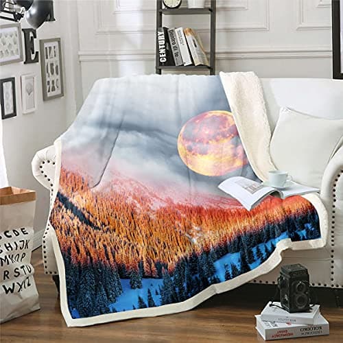 Image of Homemissing Winter Sherpa Blanket Moon Snow Pine Fleece Throw Blanket for Kids Boys Girls Snow Mountain Woodland Plush Blanket Glitter Orange Blue Grey for Sofa Bed,Double 60x79 Inch