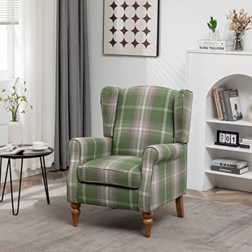 Image of AZRBOPO Wingback Tartan Armchair, Retro Accent Chair Soft Padded Fabric Lounge Padded Sofa Chair, Retro Check Leisure Chair for Living Room Bedroom - Solid Wood Frame - Green