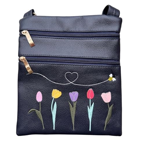 Image of Love EMVY Tulip & Bee Crossbody Bag for Women – Embroidered Floral Faux Leather Shoulder Bag with Zip Pockets & Adjustable Strap, Lightweight Everyday Handbag (Navy)