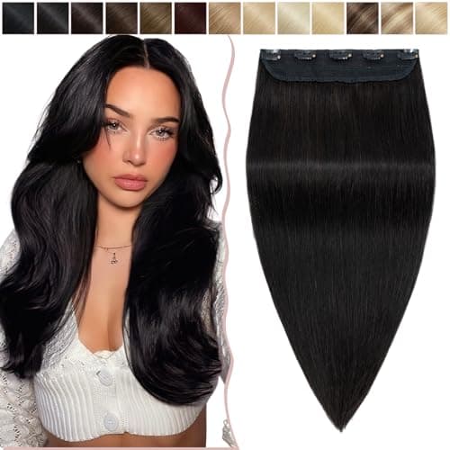 Image of 22" One Piece Remy Clip in Human Hair Extensions Thick #1B Natural Black 3/4 Full Head Real Hair Pieces for Women Straight Invisible (100g)