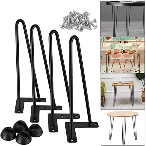 Image of 16 inch Metal Table Legs Black Steel Hairpin Table Leg Sturdy 2 Prong Mid Century Modern Furniture Industrial Style 10mm for Desk Dining Table DIY Furniture, with Protector Feet & Screws (Set of 4)