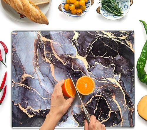 Image of Kitchenville Glass Chopping Board 50x40cm : Tempered Glass Worktop Savers for Kitchens, Durable, Scratch-Resistant, Heat-Proof - Grey & Gold