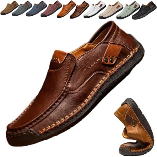 Image of Mens Leather Loafers Slip On Moccasins Casual Business Shoes, Men Loafers Lightweight Breathable Handmade Slip-on Flat Driving Shoes (Dark Brown,9)