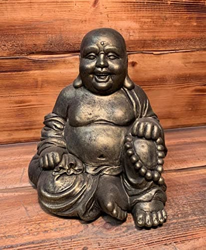 Image of STONE GARDEN GOLD LAUGHING BUDDHA SITTING DOWN LUCKY ZEN LARGE STATUE ORNAMENT