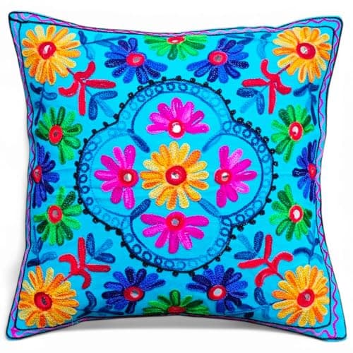 Image of Original Kikan Suzani Multi Colour Floral Embroidery 16"x16" 40 x 40 cm Indian Ethnic Cushion Cover Takiya Sofa pillow Zipper Back (BLUE)