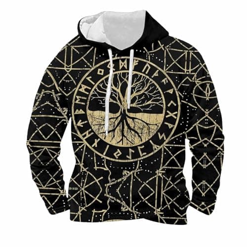 Image of Generisch Viking Hoodie Men's Viking Medieval Hoodie Nordic Mythology Hoodie Warrior Hoody Tattoo Hoodies Viking Thor's Hammer Hooded Shirt Y2K Streetwear, S1 Gold, L