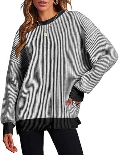Image of Zeagoo Womens Tops Long Sleeve Fall Winter Crewneck Knit Sweater Chunky Knitted Jumper Fluffy Pullover Top Outfits Black-Gray M