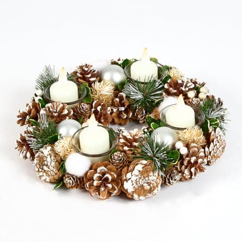 Image of Christmas Table Centrepiece Candle Holder Frosted Pine Cone Glass Tea Light Holder with Silver Bauble Decorations & Artificial Foliage Dining Décor (Wreath)