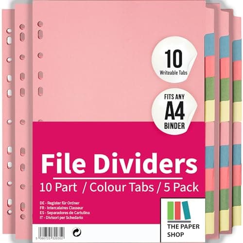 Image of File Dividers A4, 10 Part Folder Dividers for Ring Binders & Lever Arch Files (5 Pack) Binder and Subject Dividers with Writeable Coloured Index Tabs - The Paper Shop