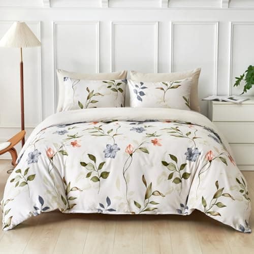 Image of Lekesky King Size Duvet Cover Sets with Botanical Print – Soft Breathable & Hypoallergenic Microfiber Bedding Sets with 2 Pillowcases, Duvet Cover with Zip Closure, Machine Washable (White)