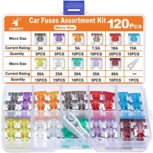 Image of JOREST Micro 120Pcs Car Fuse Kit - Replacement Fuses Assortment Kit for Car/RV/Truck/Motor (2Amp 3A 5A 7.5A 10A 15A 20A 25A 30A 35A 40A) - Micro Blade Fuses Automotive (Low Profile Mini Fuse) + Puller