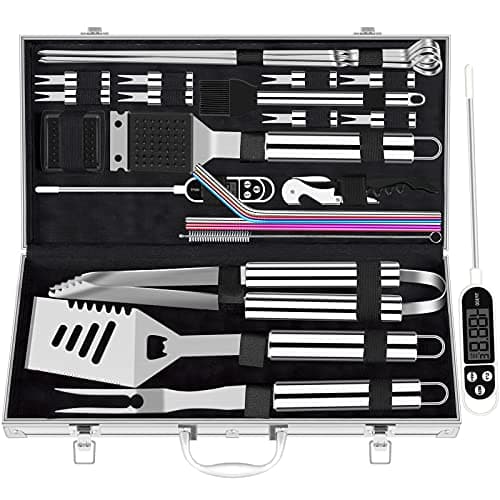 Image of ROMANTICIST 26pcs Extra Thick BBQ Grill Accessories, Father's Day Grilling Gifts Set for Men Dad, Heavy Duty Grill Tools Utensils Kit with Meat Thermometer in Aluminum Case for Birthday Silver