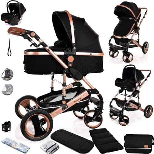 Image of Baby Stroller 3 in 1 Pram Pushchair Buggy Child Lightweight Folding Stroller 3 in 1 Travel System Pram for Newborns Toddlers from Birth Aluminium NEW Upgraded 2025 Style (Black - Rose Gold Frame)