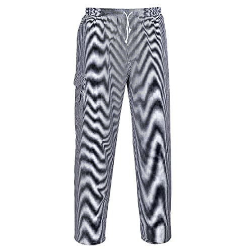 Image of Portwest C078 Unisex Cotton Chef Trousers with Pockets - Adjustable Elasticated Professional Food Service Culinary Bakers Kitchen Workwear, Blue Check, L
