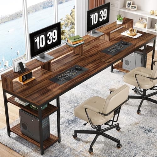 Image of Tribesigns Two Person Desk with Monitor Stand, 78.74" Long Double Computer Office Desk with Storage Shelves, Large Gaming Desk Study Writing Table Workstation for Home Office, Rustic Brown