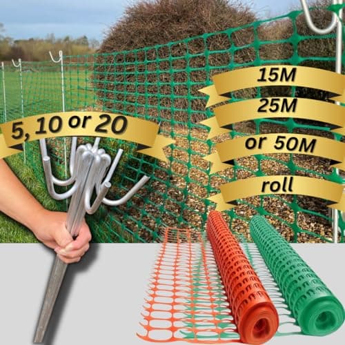 Image of Smith & Barker GALVANISED 5,10, 20 Premium Fencing Pins with 15M 25M 50M Temporary Barrier Fence Mesh Outdoor Garden Plastic Netting Mesh Fence Stakes Posts Metal (25M Green with 10 pins)