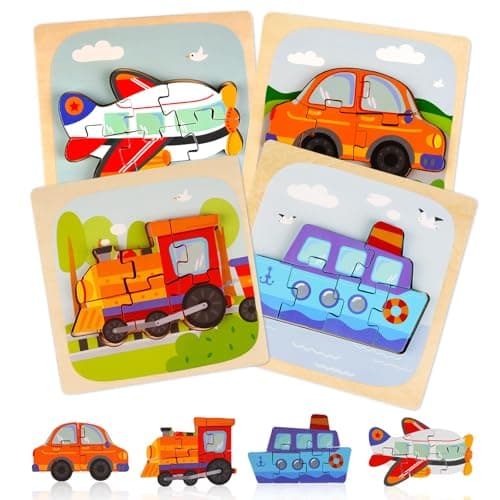 Image of Deepton 4 Pcs Wooden Puzzles Animals for Baby Kids, Cute Vehicle Wooden Jigsaw Puzzles for 1-3 Year Old Boys Girls, Baby Preschool Learning Educational Toy for Birthday Gift