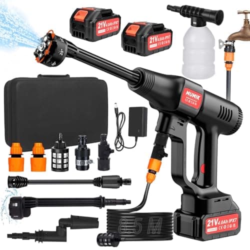 Image of MUMIK Cordless Pressure Washer, 60Bar/870PSl Portable Power Washer with 2 * 4.0AH IPX7 Batteries, 6-in-1 Nozzle, 8.5m Cold-Resistant Hose, Hand Held Jet Wash for Car Floor Garden Cleaning/Watering