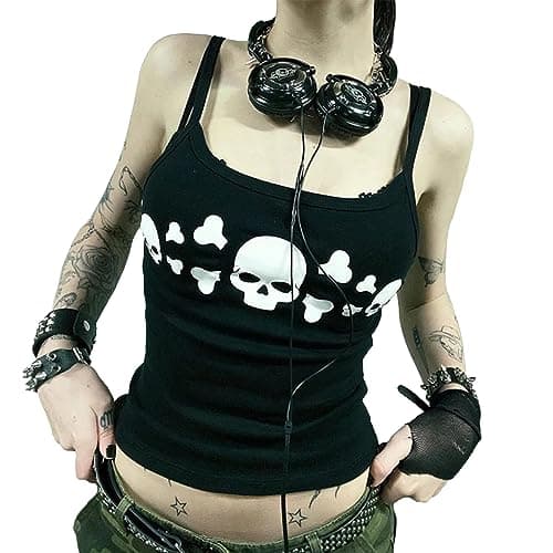 Image of Women's Goth Tank Tops Vintage Skull Print Backless Deep Cut Camisoles Grunge Sleeveless Aesthetic Slim Fit Shirt Streetwear, black, S
