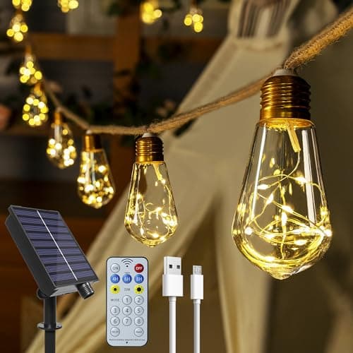 Image of Ollny Solar Lights Outdoor Garden 6m Hemp Rope Festoon Light with Remote, USB Fairy String with 16 S17 Shatterproof Bulbs 160 LEDs 8 Modes, Waterproof Lighting for Outside Gazebo Patio Party Decor