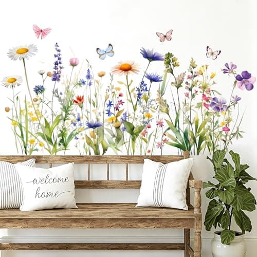 Image of TaoQ C Wildflower Wall Stickers Garden Wildflower Wall Stickers Wildflowers Wall Art Decals with Daisy Lavender Floral Butterflies for Bedroom Living Room Bathroom Decoration