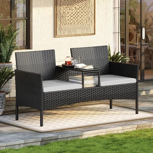 Image of Aoxun 2 Seater Rattan Garden Bench, Extra Wide Outdoor Loveseat with Storage Side Table, Comfortable Patio Furniture Set with Cushions and Rain Cover for Garden Balcony Backyard (Light grey)