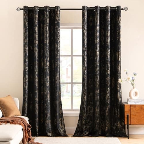 Image of MIULEE Black Velvet Curtains with Gold Foil,2 Panel Set 72 Inch Drop Curtains,Blackout Curtains Bedroom Super Soft Thermal Insulated Eyelet Blackout Curtains for Living Room 66 x 90 Inch