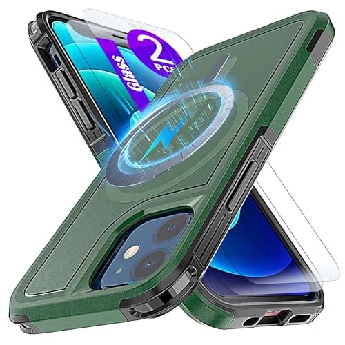Image of YmhxcY Magnetic for iPhone 12 Mini Case 5.4-Inch,Compatible with MagSafe,[2 Pack Tempered Glass Screen Protector] Shockproof Military-Grade Protection case-Green