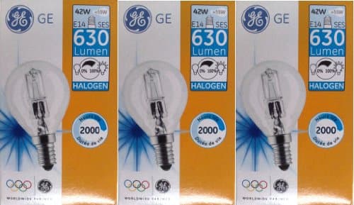 Image of 3 x GE (General Electric) 42W (=55W-60W) SES E14 Halogen Eco Classic Mini Globes Clear Round Energy Saver Light Bulbs, Small Screw, Golf Ball Dimmable Lamps, 630 Lumen, Mains 240V