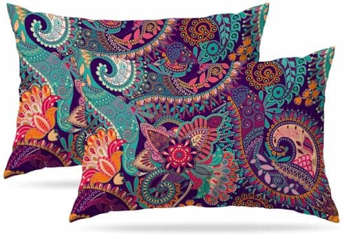 Image of Zovinex Cushion Cover,Colorful Ethnic Paisley Soft Short Plush Rectangle Outdoor Cushion Covers Set of 2 Pack 12x20 inch, 30 x 50 cm Cushion Cover with Invisible Zip for Sofa Chair Living Room