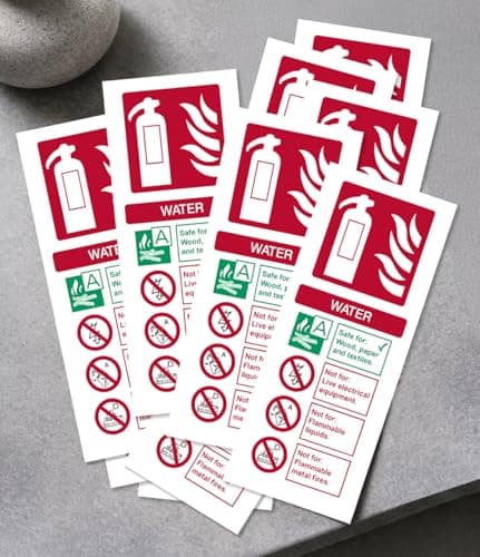 Image of Water Fire Extinguisher ID Safety Sign 200mm x 80mm (Pack of 10 Signs) - Self Adhesive Stickers