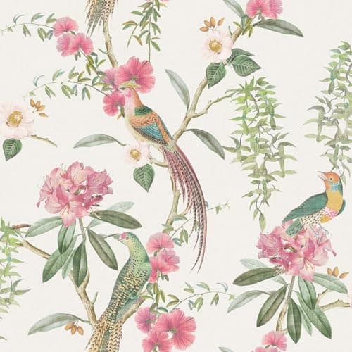 Image of Exotic Garden Pink Green Wallpaper - Floral Flowers Leaves Tropical Birds Theme - Trendy Stylish Feature Wall Bedroom Romantic Room Decoration Vintage Wall Decoration Arthouse 924907