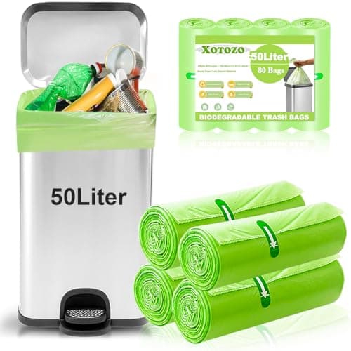 Image of 50L Biodegradable Bin Liners 80 Bags, 13Gallon/50 Litre Food Waste Bags, Large Thickened Compostable Caddy Liners, Recycled Degradable Rubbish Garbage Bag for Kitchen Office Household, Green 60 x 80cm