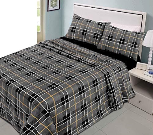 Image of HOMES-LINEN Tartan Checked Sheet Set 100% Brushed Cotton Flannelette Fitted Sheet Flat Sheet & Pillowcases Set (Grey, Double)