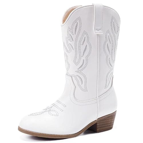 Image of LAURMOSA Girls Cowgirl Boots White Cowboy Boots for Girls Size 13 Mid Calf Pointed Toe Embroidered Western Cow Girl Boots for Little Kids Cowgirl Fancy Dress Horse Riding Party Shoes (UKL1020White 13)