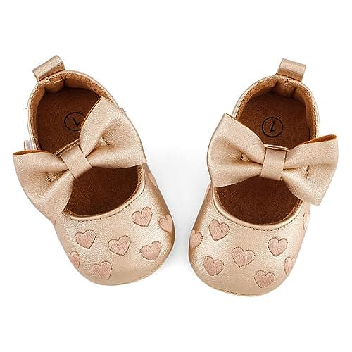 Image of LACOFIA Baby Girls First Walking Shoes Infant Mary Jane Anti-Slip Bowknot Dress Shoes Prewalkers Gold 3-6 Months