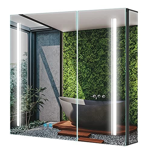 Image of Tokvon® Cascade Bathroom Mirror Cabinet with LED Lights, Anti-Fog, Colour Changing & Touch Sensor, Aluminium Double Door, 650x600mm Dimmable, Shaver Socket, Wall Mount