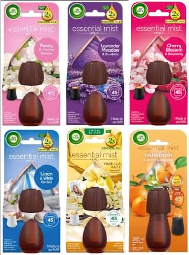Image of Air Wick Essential Mist Refills, Peony & Jasmine, Lavender, Cherry & Raspberry, Linen & Petals, Vanilla Haze, Mandarin & Sweet Orange, Pack 6 x 20ml, (6 different scents - 1 of each)