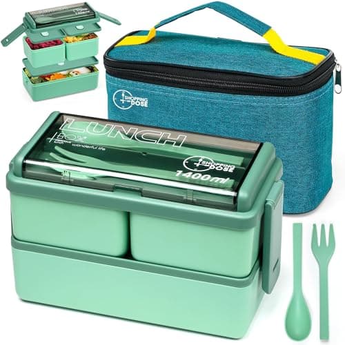 Image of Shopping Dose Bento Box, 1400ml Stackable 2 Layer Leak Proof Bento Lunch Box with Insulated Bag & Cutlery, 3 Removable Compartment Lunch Box Adults, Kids & Office, Microwavable Lunchbox (Green)