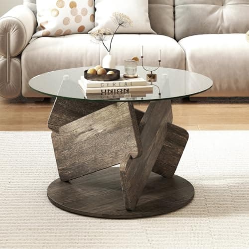 Image of COSTWAY Round Coffee Table, Tempered Glass Cocktail Center Table Unit, Solid Wood Circle Accent Sofa Side Tea Tables for Living Room, Bedroom and Office (81cm Top+Geometric Splicing Shaped Base, Grey)