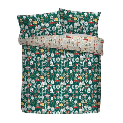 Image of Fusion Christmas Ornaments Duvet Cover Set, King Size 230x220cm, Green, 52% Recycled Polyester 48% Cotton, Reversible Festive Print