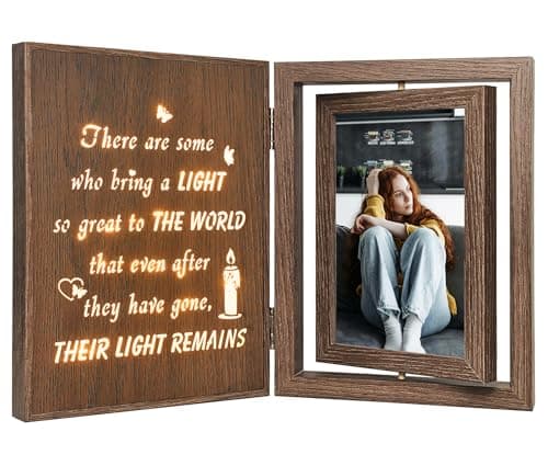 Image of Rotating Wooden Memorial Sympathy Photo Frame with Light Up Quote – Thinking of You Cheer Up Gifts for Women, Grief Remembrance Bereavement Gifts with 2 4x6 Inch