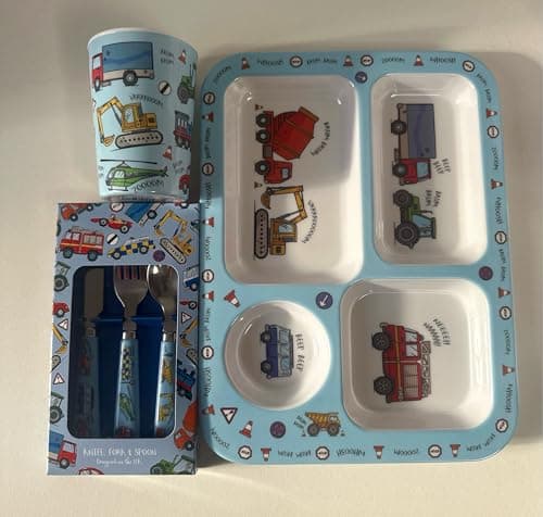 Image of Vehicle Dinner Set 5 Piece Kids Dinner Set Tableware Lunch Reusable Plate/ 3 Cutlery/Cup/Tray Lightweight Premium Dinnerware Set by PADMASHRE