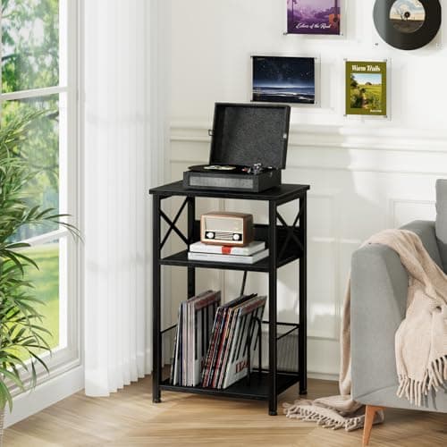 Image of AMHANCIBLE Record Player Stand with Charging Station, 3-Tier Bedside Table with Storage Cabinet, Side Table Hold Up to 100 Albums, Vinyl Record Stand for Living Room, Bedroom, Black HETCD01BK-1