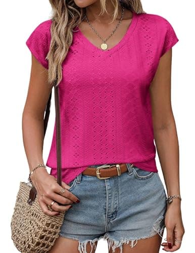 Image of Zeagoo Womens T Shirts Short Sleeve V Neck Ladies Summer Tops Elegent Eyelet Embroidery Tee Shirt Pink-2 L
